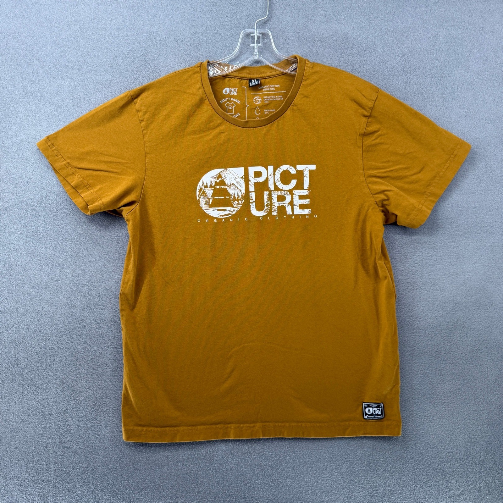 Picture Organic Clothing Mens XL Mustard Yellow Graphic Mountain T-Shirt Organic