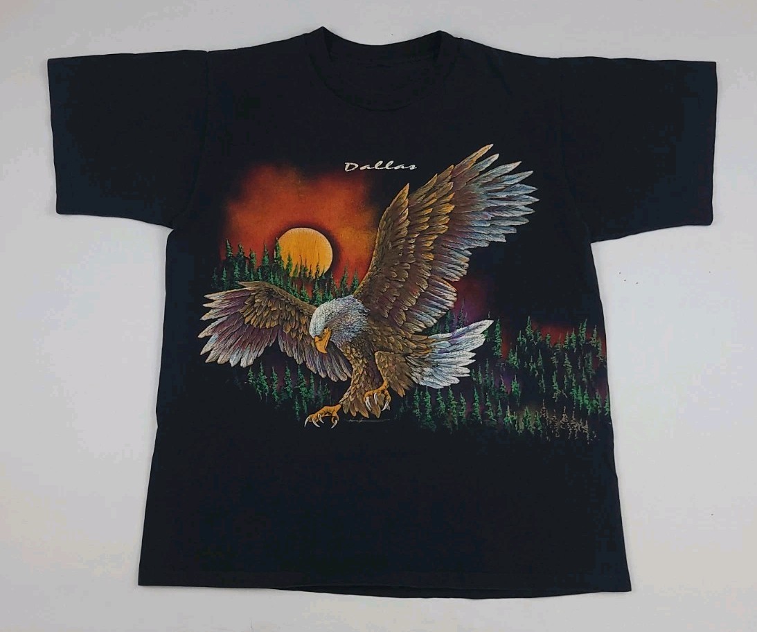 Vintage 90s Eagle Nature Scenic Art Wrap Around Print T Shirt Dallas USA Rare