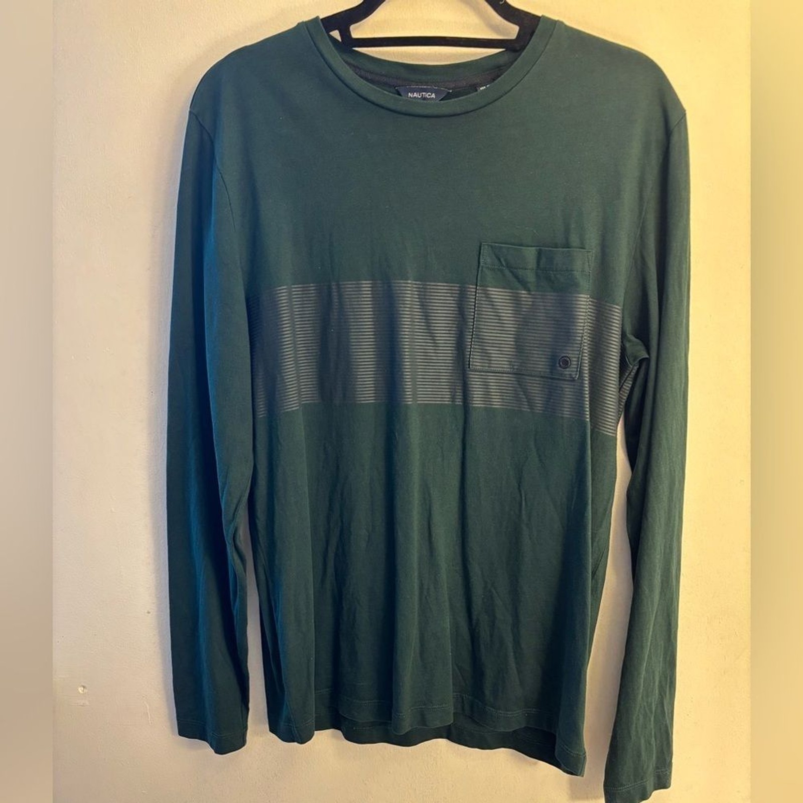 Nautica Men’s Round Neck Dark Green Long Sleeve Tee with Stripe Detail Size M gallery
