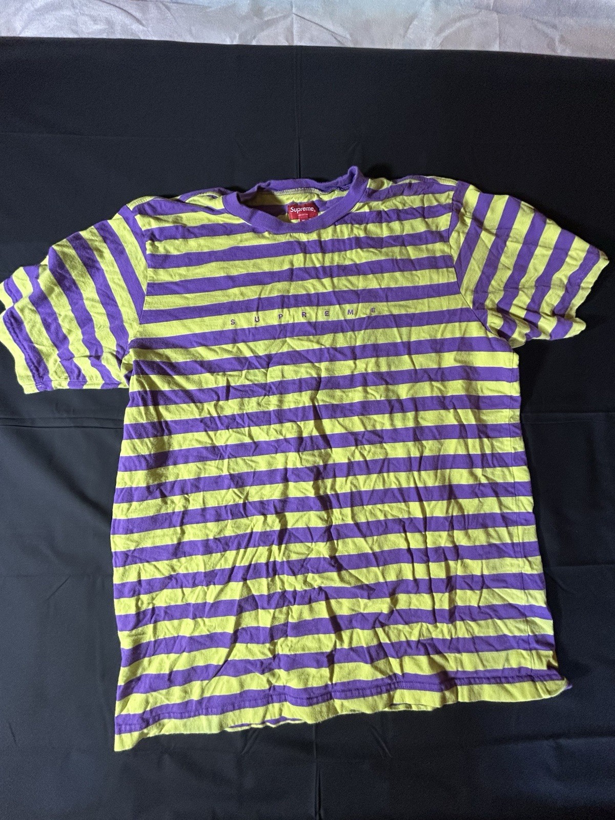Supreme Purple Yellow Striped Logo T-Shirt Short Sleeve Crew Neck Men’s XL