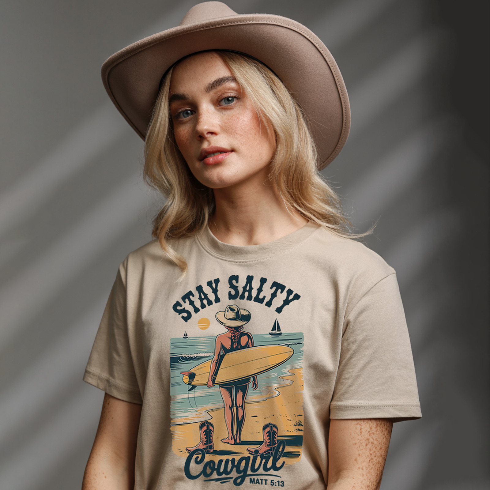 Stay Salty Coastal Cowgirl Unisex Tee, Vintage Fisherman Aesthetic Summer Shirt gallery