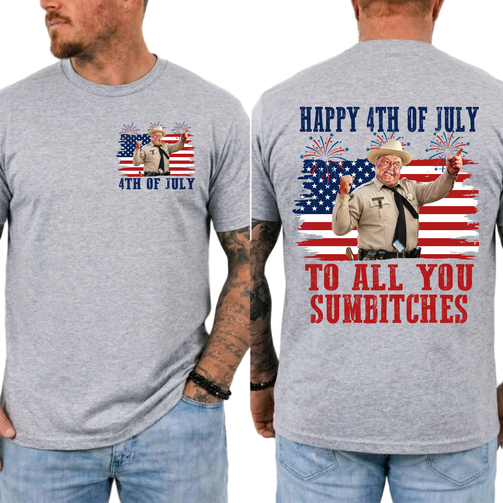 Smokey Bandit Happy 4th July Sumbitches Front Back Gray L T-Shirt Gildan Humor gallery