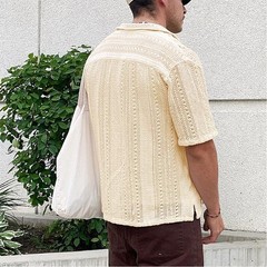 Men’s Short Sleeve Button Down Shirt, Lapel Collar Solid Casual Summer Top S-3XL