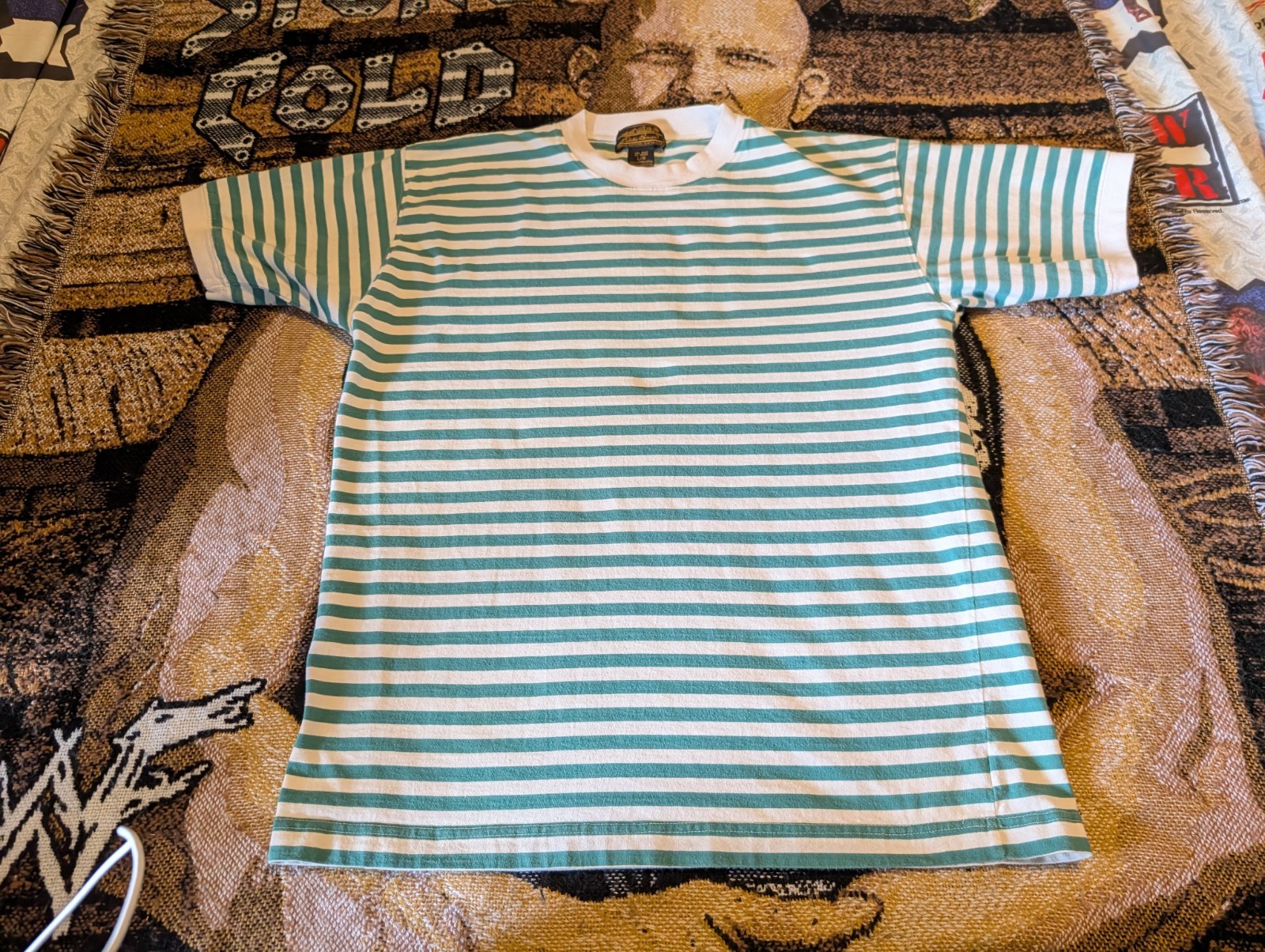 Eddie Bauer T Shirt Large Green VTG 90s Striped Crew Neck Short Sleeve