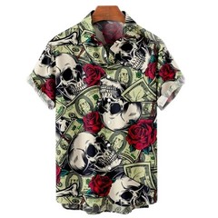 Mens Button Down Sugar Skull Heart Hawaiian Top Novelty Romantic Gothic Shirt