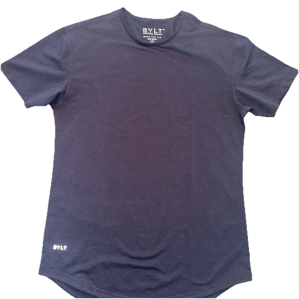 BYLT Premium Basics Drop Cut- Mens M TShirt Navy Blue Curved Hem Crewneck Soft