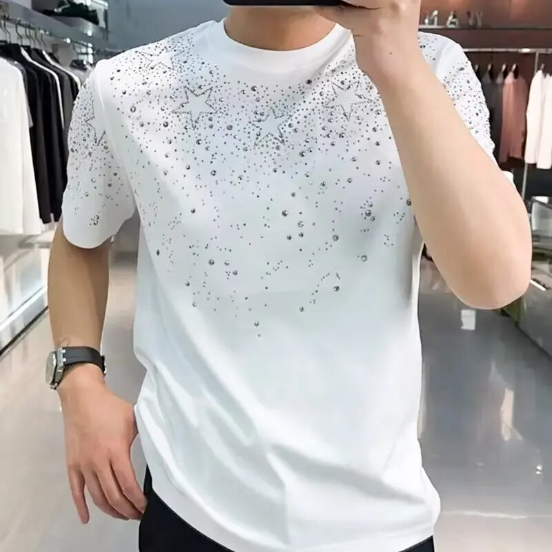 New Men Luxury Diamond Star Rhinestones Fashion Black White T-Shirt High Quality gallery