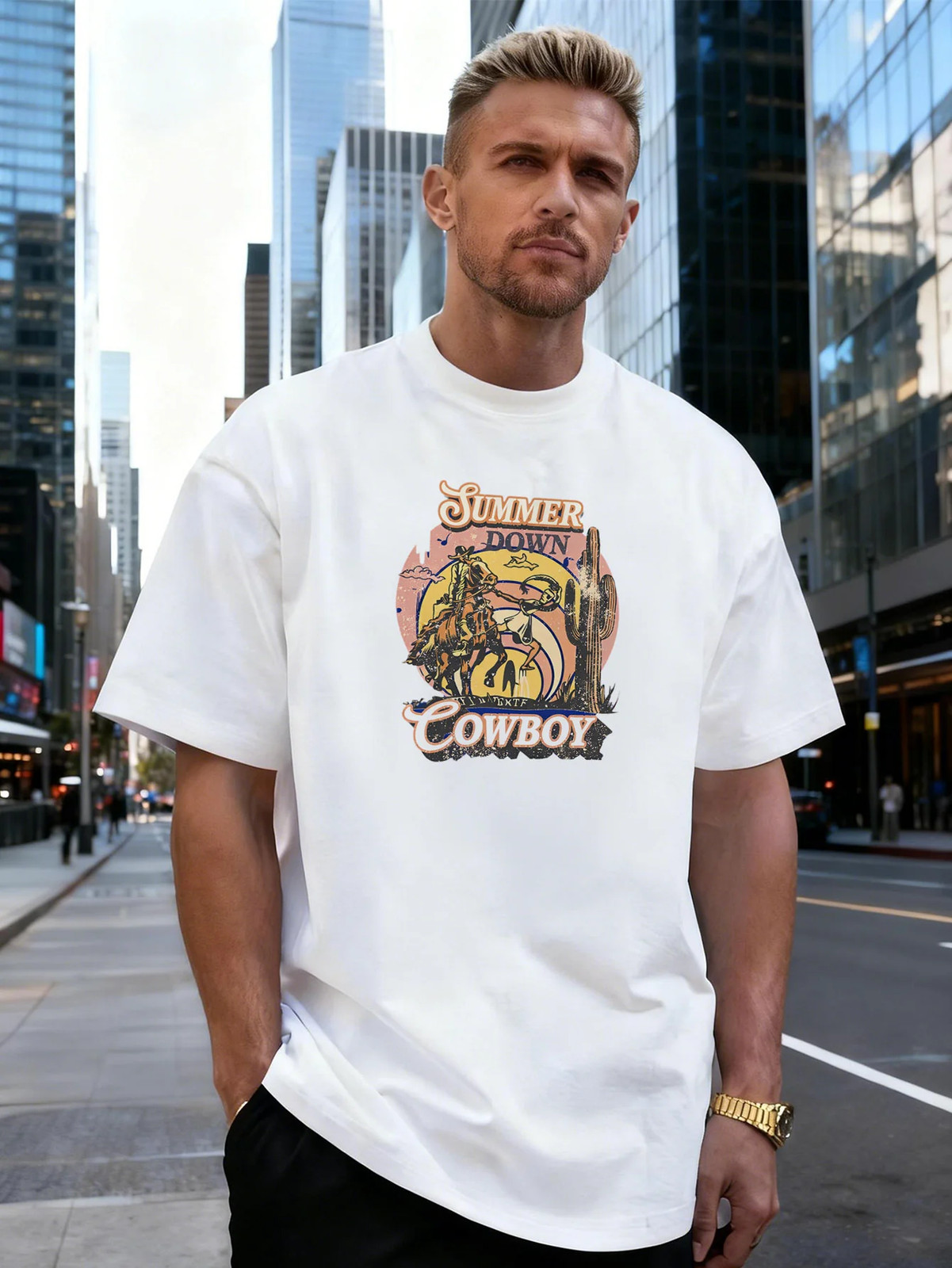 Cowboy Sunset Graphic 100% Cotton Men’s T-Shirt, Suitable for Daily Streetwear