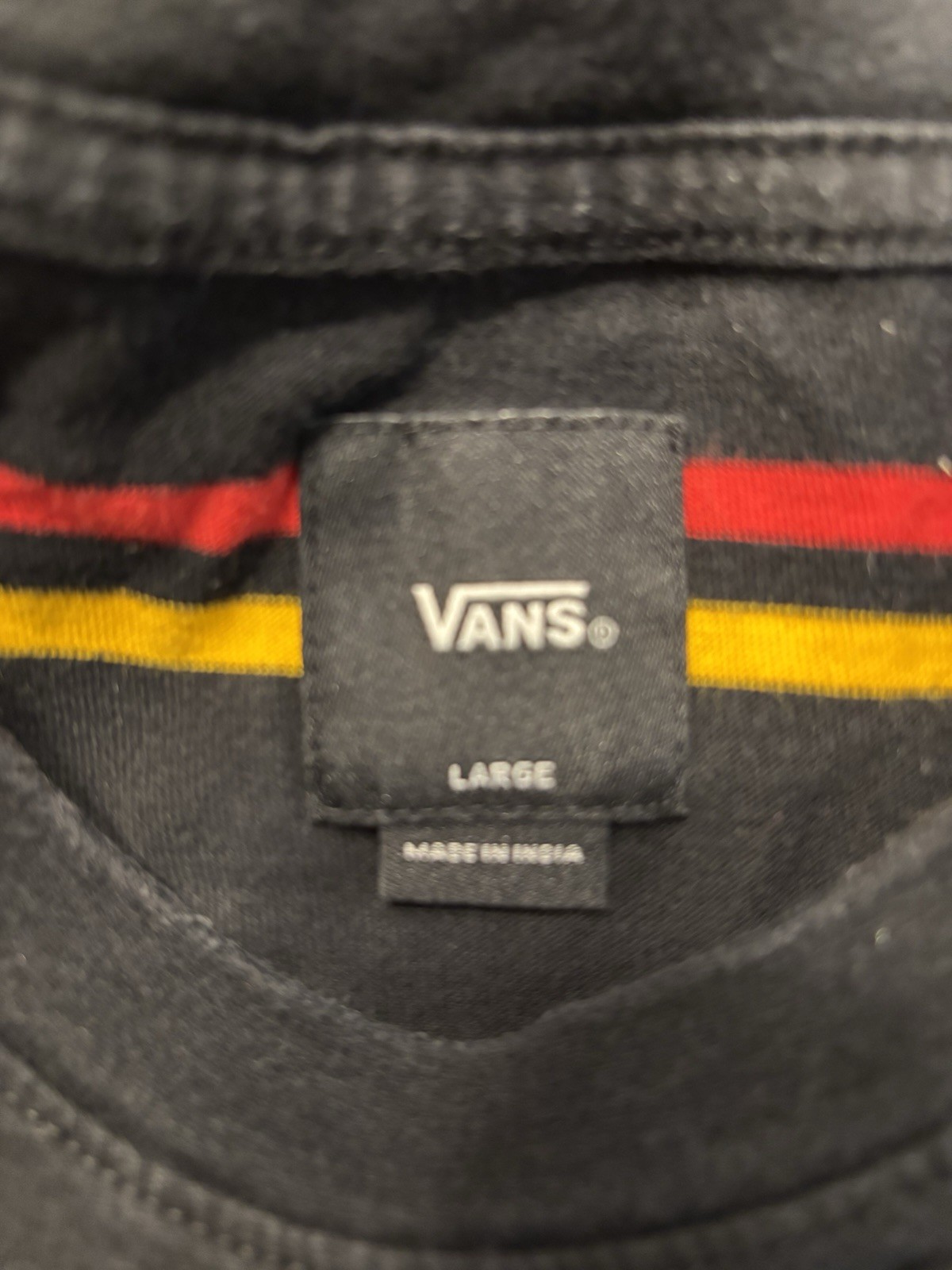 Van Black W/ Red & Yellow Striped T-Shirt W/ Embroidered Daisy Logo Sz L Skater gallery