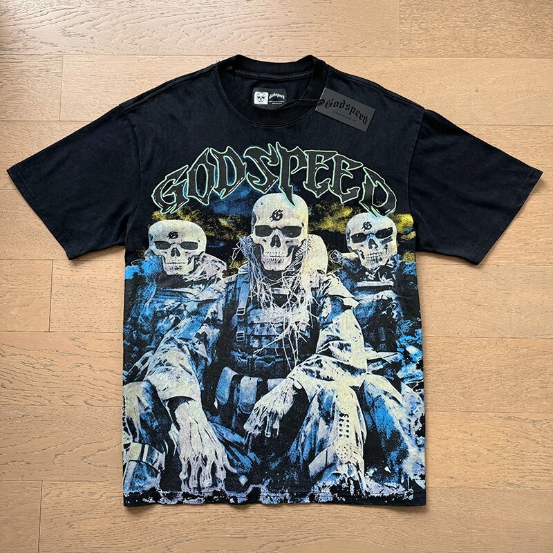 25/SS Godspeed Hip hop skeleton soldier print pattern Tee Washed Mens T-shirt