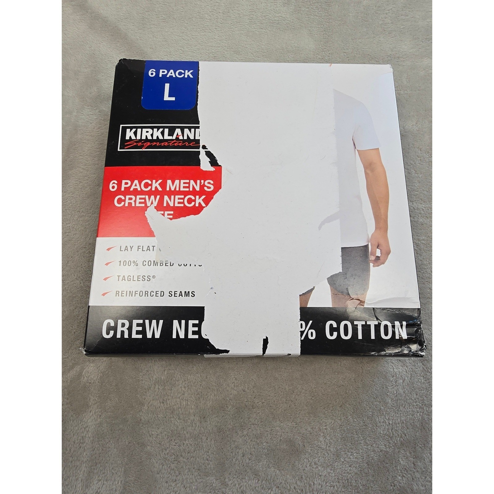 Kirkland Signature Crew Neck T-Shirt Mens Large White 6 Pack 100% Cotton Tagless gallery