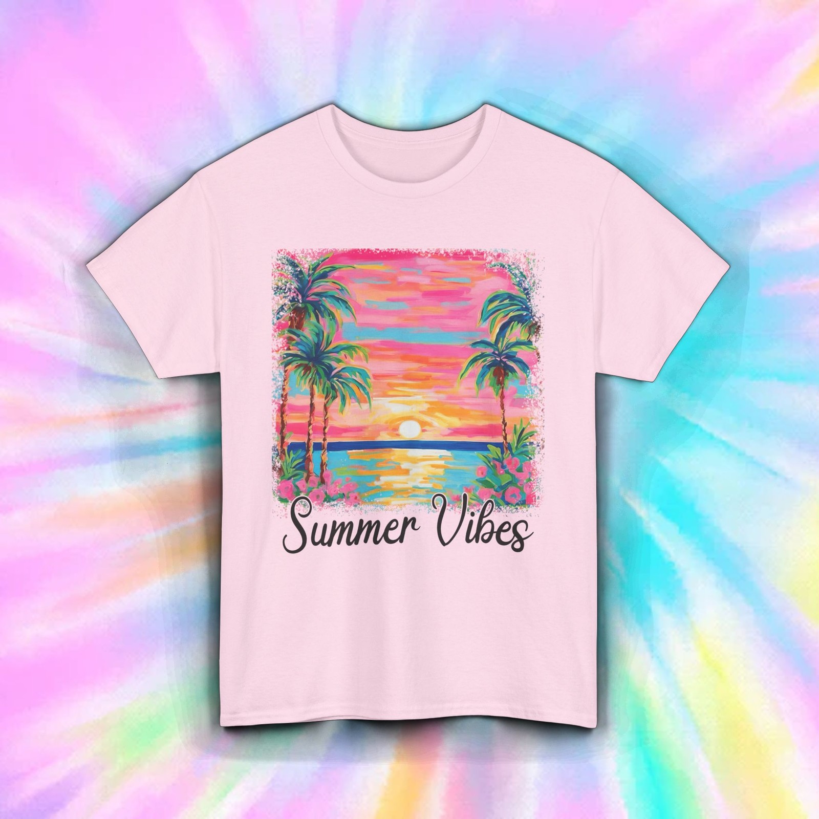 Summer Vibes Shirt Tropical Sunset Beach Vacation Palm Trees Art Tee S-5XL