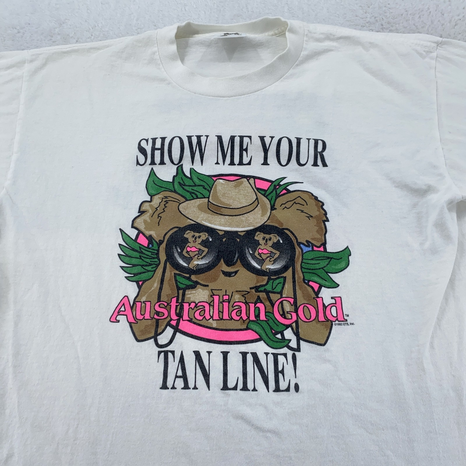 Vintage Australian Gold Shirt Mens L/XL Show Me Your Tan Line Sunscreen 90s