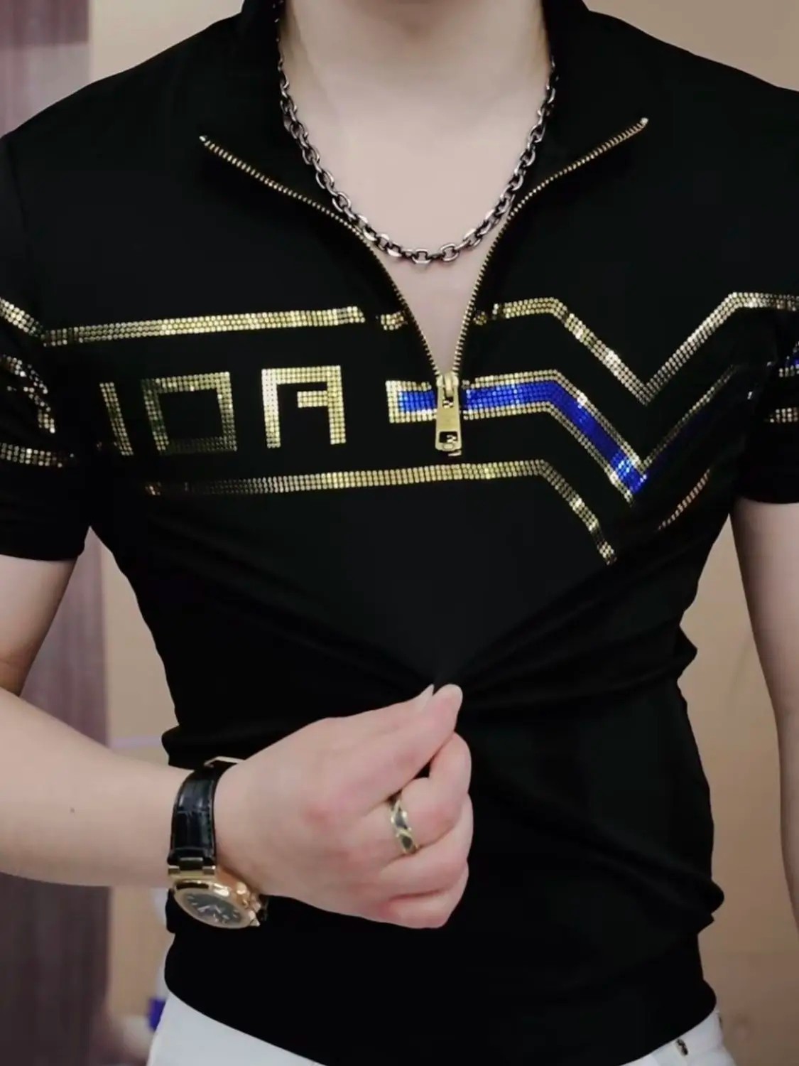 New Men Luxury Diamond Rhinestones Fashion Black Polo T-Shirt High Quality gallery