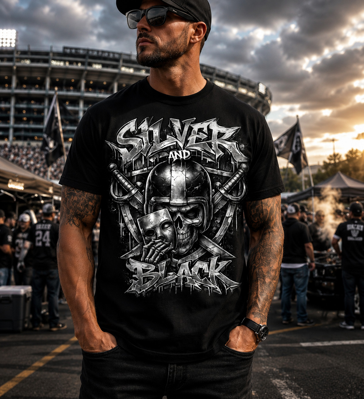 Men Raider Skull Silver & Black T Football Big & Tall Graphic Sneaker Tee Shirt gallery