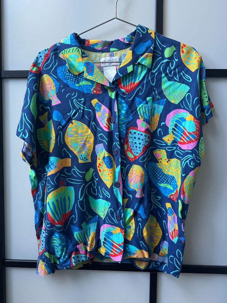 Ken Done Vintage Novelty Print Button Up Fish Pop Art Oceancore Deep Sea – S