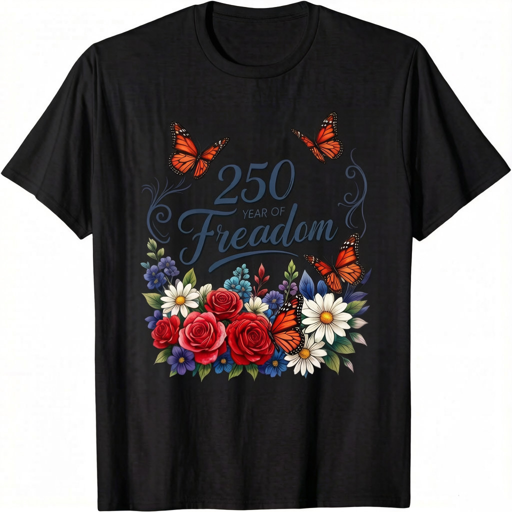 Butterfly and Floral Pattern USA Flag Shirt — America 250th Unisex T-Shirt gallery