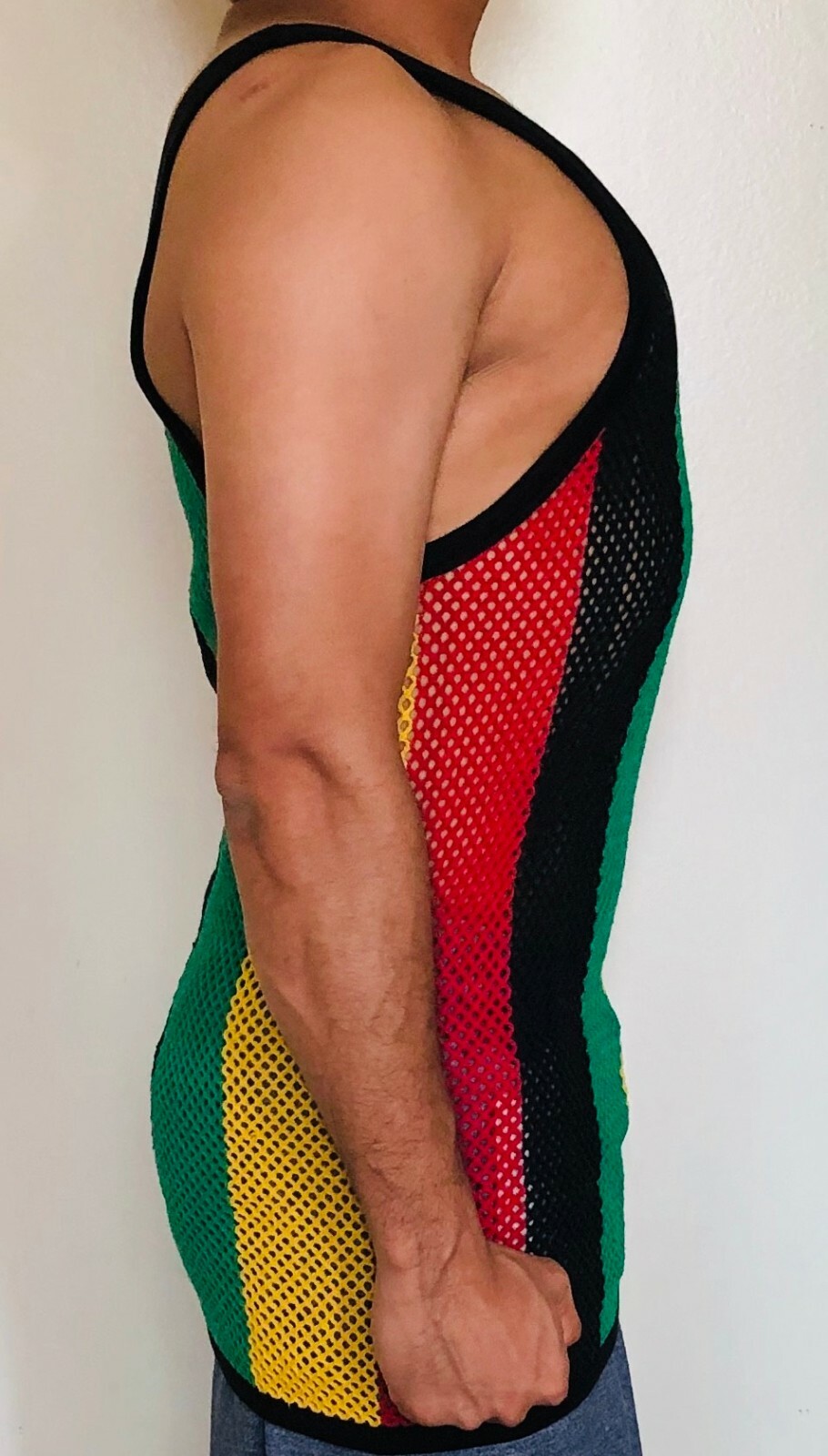 L Rasta Men Vest 100% Cotton Fishnet Fitted String Mesh Stretchy Jamaican Hot gallery