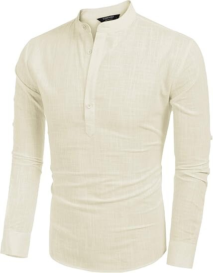 COOFANDY Men's Cotton Linen Henley T-Shirt Long Sleeve Hippie Casual Beach Beige gallery