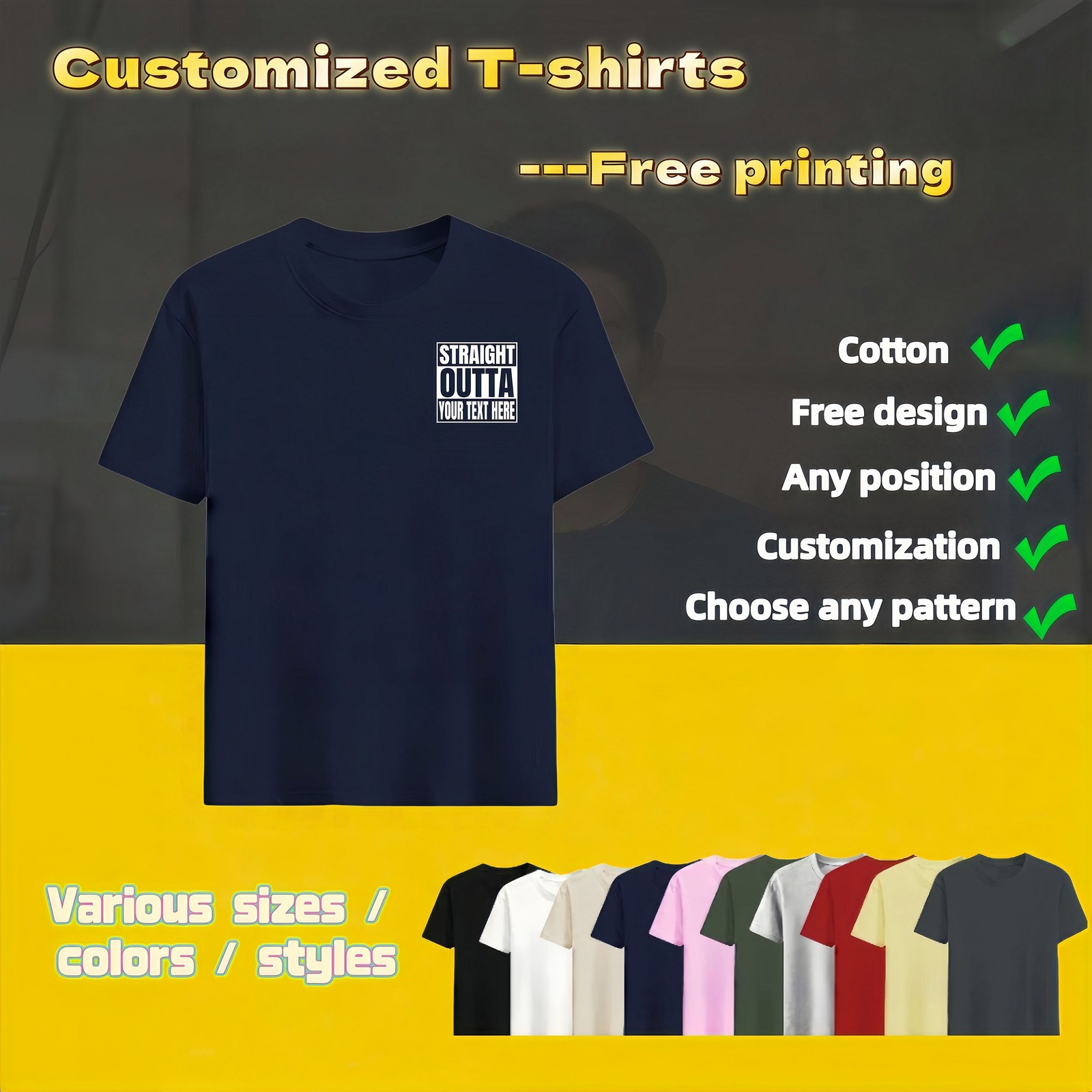 Personalized T-shirts, customizable with your text,photos or logo made of cotton gallery