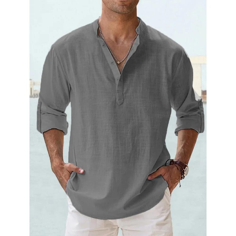 2026 Men’s Cotton Linen Henley Shirt Short Sleeve Casual Summer Beach Style Top