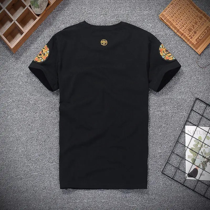 Men Dragon Phoenix Embroidered T-Shirt Chinese Style Short Sleeve Casual Top gallery