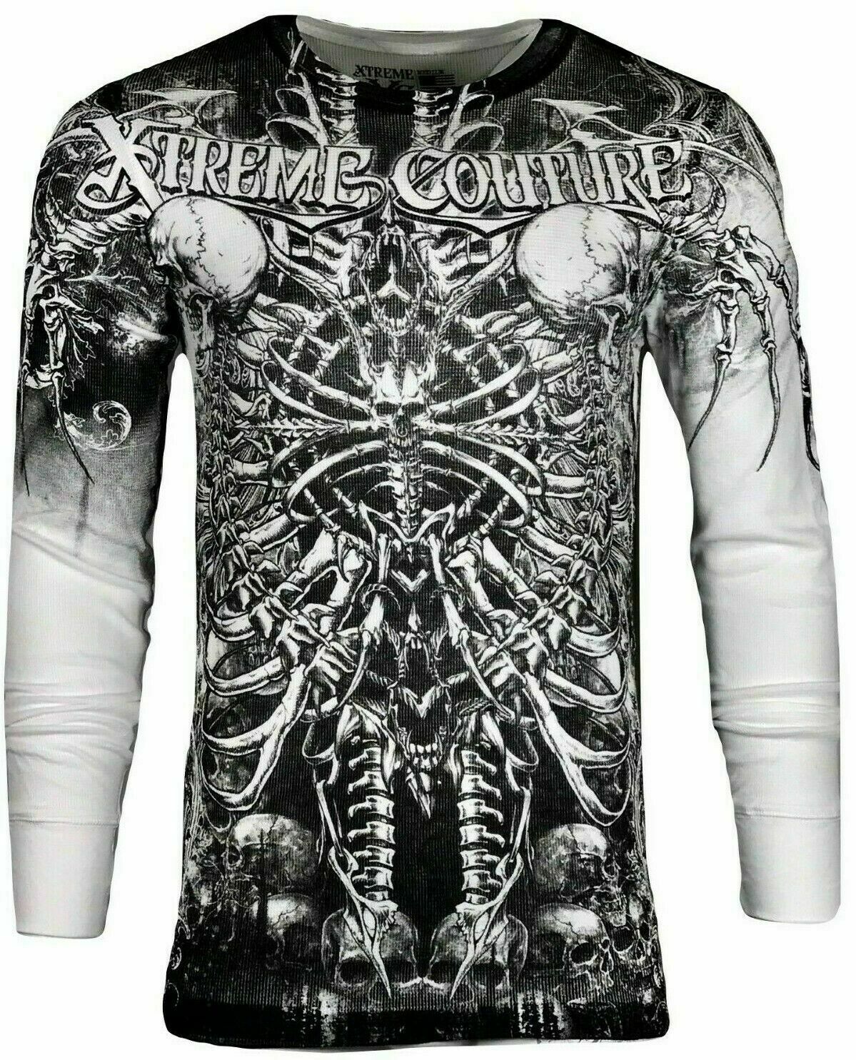Xtreme Couture by Affliction Men’s Thermal Shirt CATACOMBS Skull Biker White