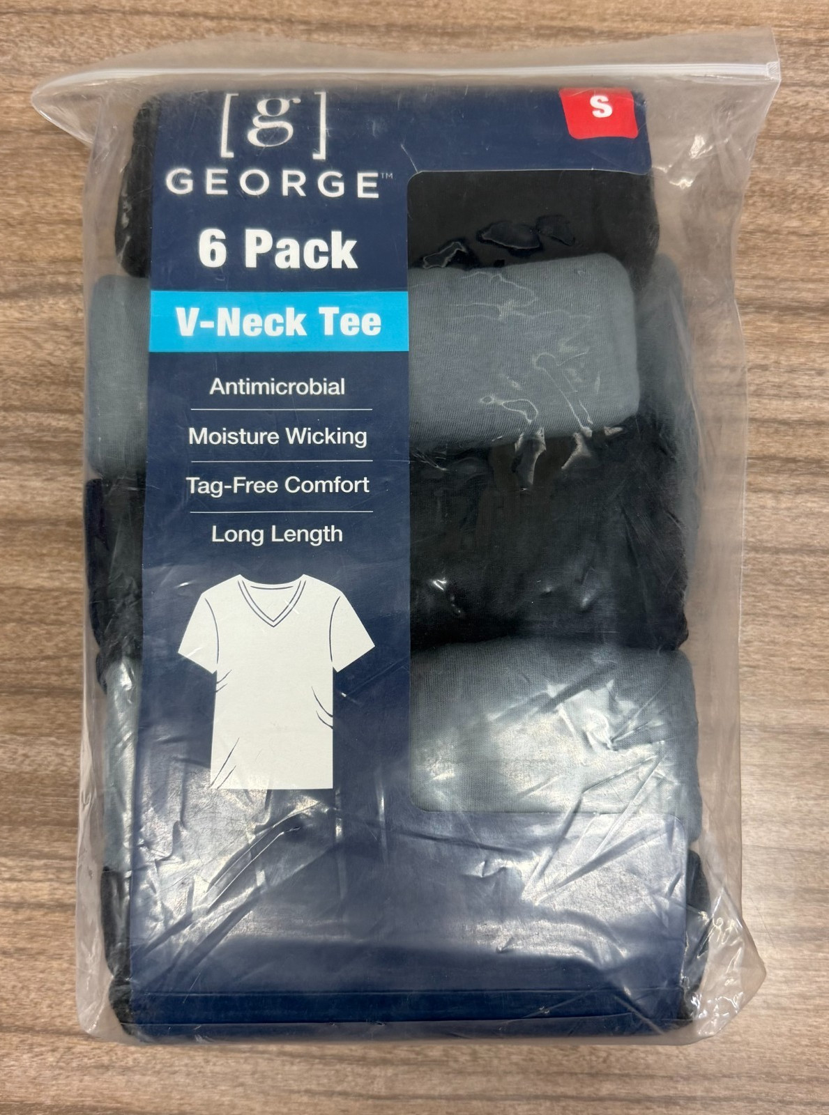 George Mens V-Neck Tee 6-Pack Tag Free Long Length Size S