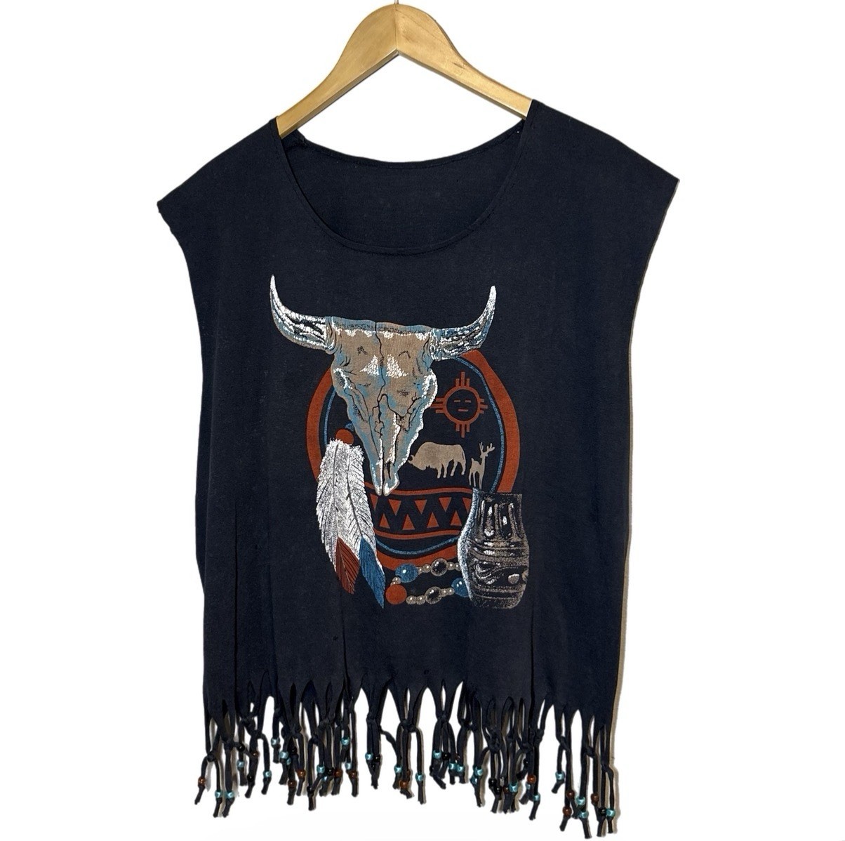 Rodeo PBR Fringe T-Shirt Mens L Black Beaded Native Style Vintage 90s Fringe USA gallery