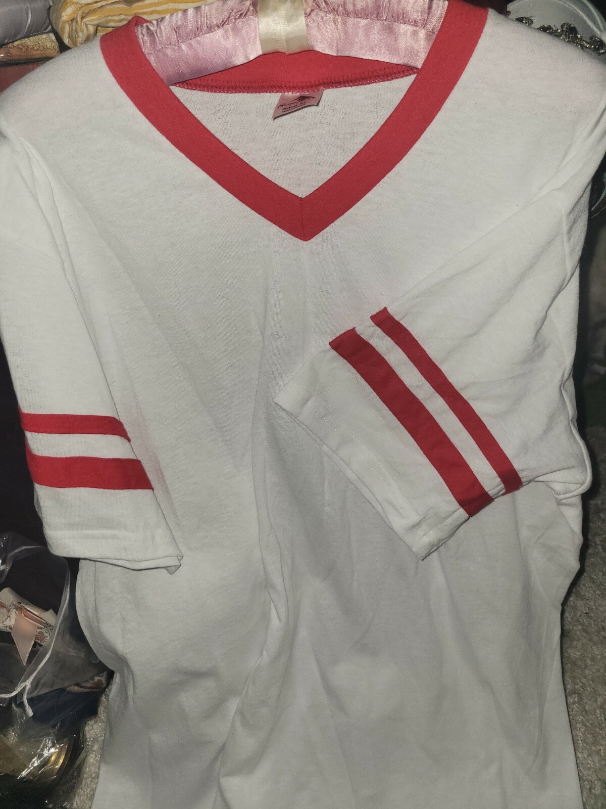 Aligusta Sportswear T Shirt White v neck with red stripes size xl