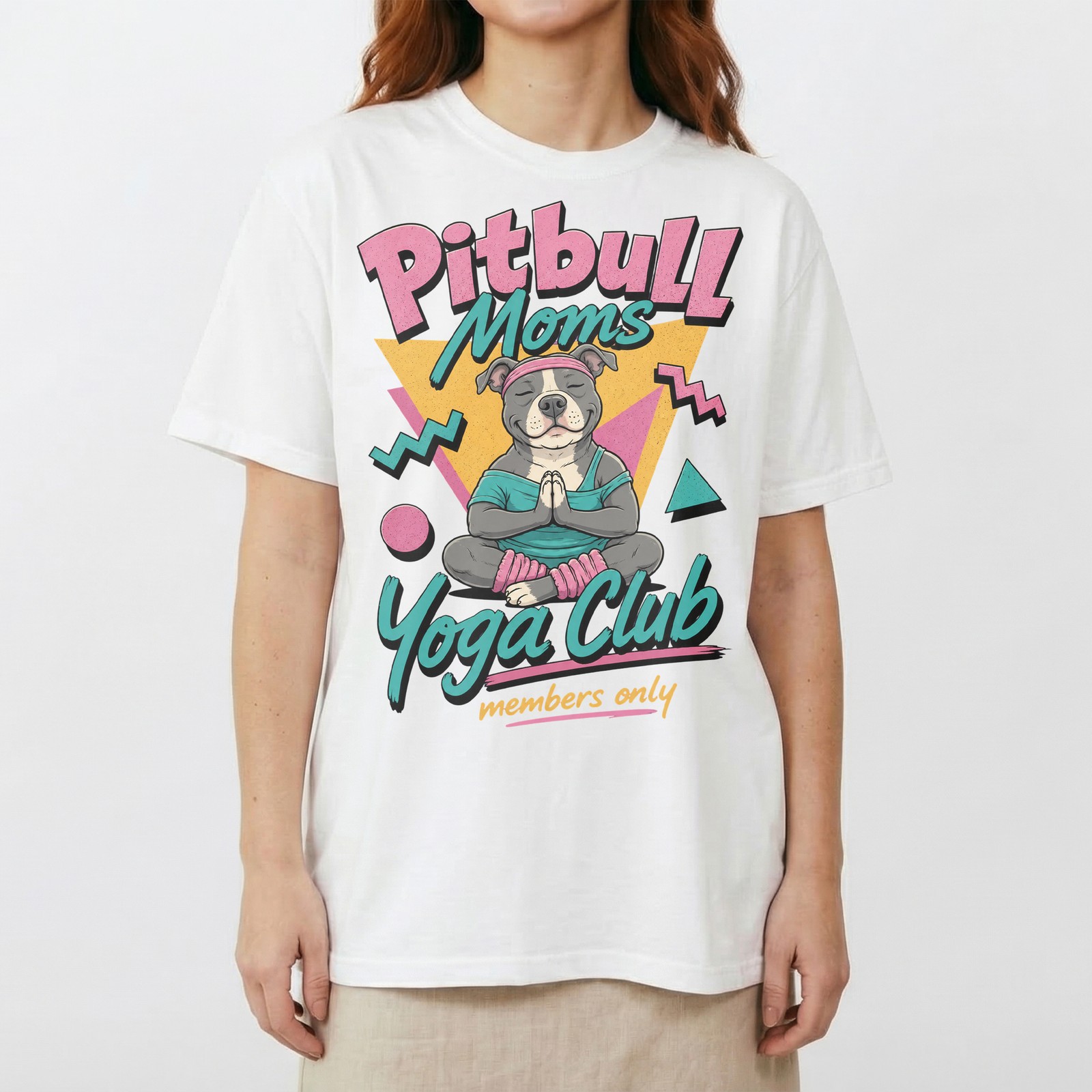 Pitbull Moms Yoga Club Geometric Retro Pink Lover T-Shirt Namaste Puppy Tee gallery