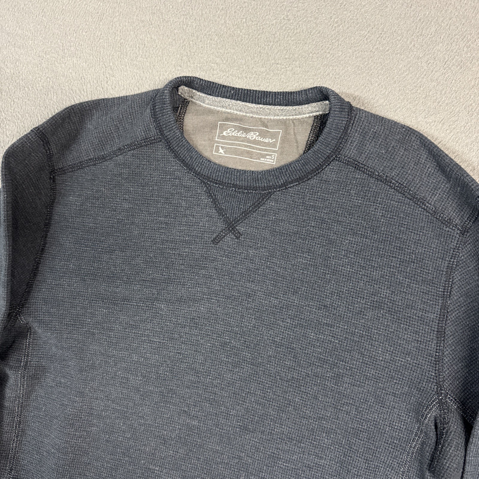 Eddie Bauer Thermal Shirt Mens Small Blue Gray Long Sleeve Waffle Knit Stretch