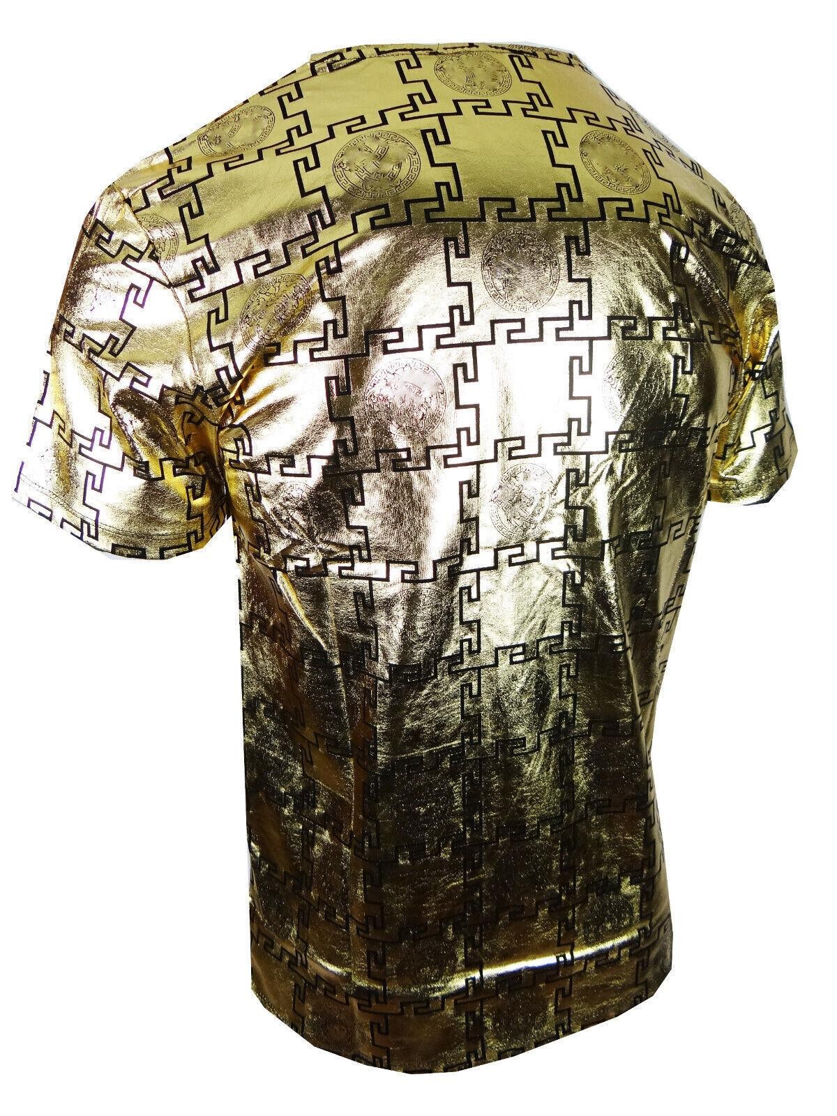 Mens T- Shirt Designer Italian Shiny Gold Print Slim Fit Stretch Casual Club gallery
