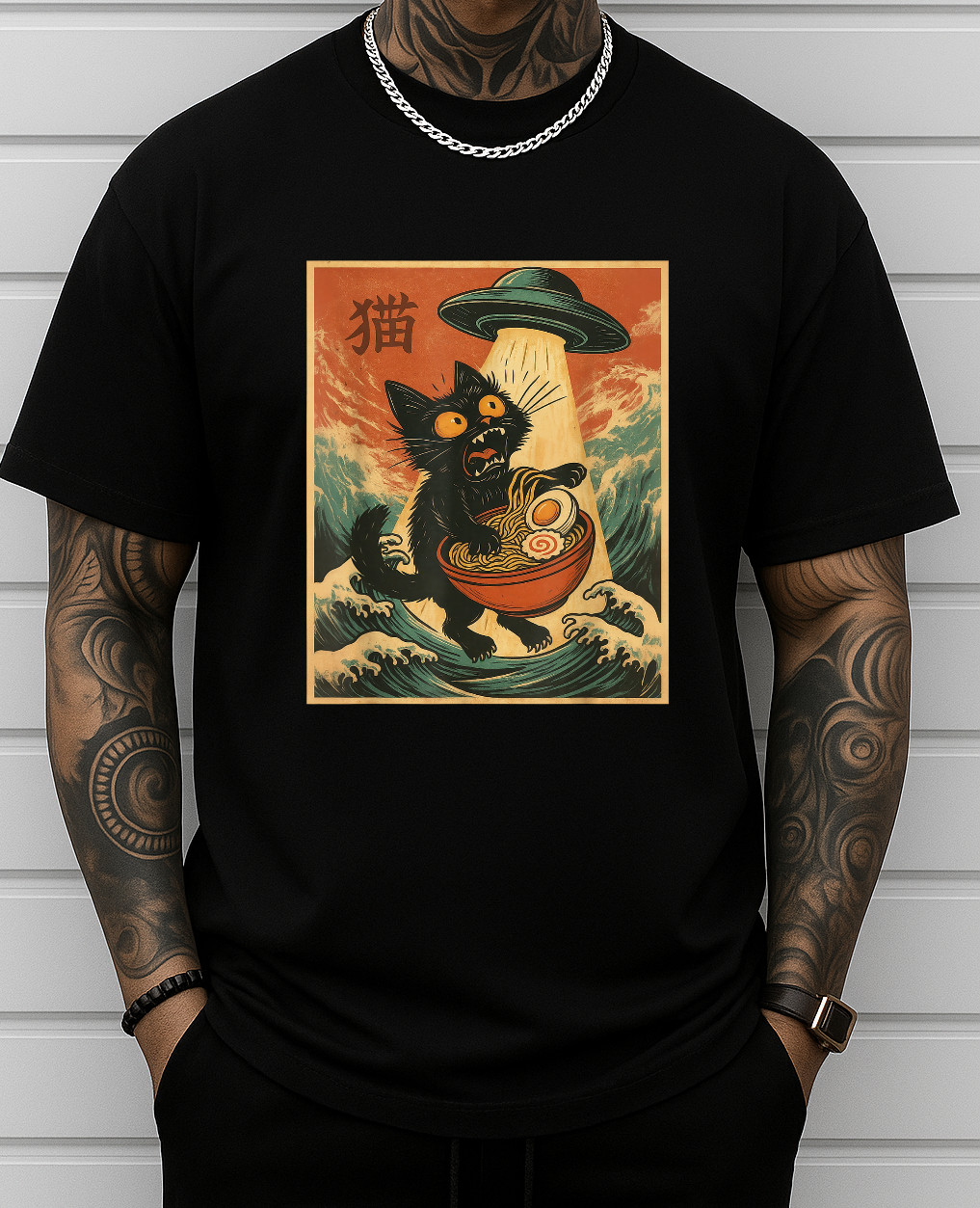 Cat Ramen UFO Funny Japanese Anime Tee Men Women Teens T-Shirt gallery