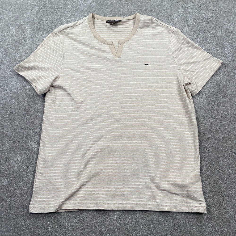 Michael Kors V-Neck Embroidered Logo Shirt Short Sleeves Men’s Size M Beige