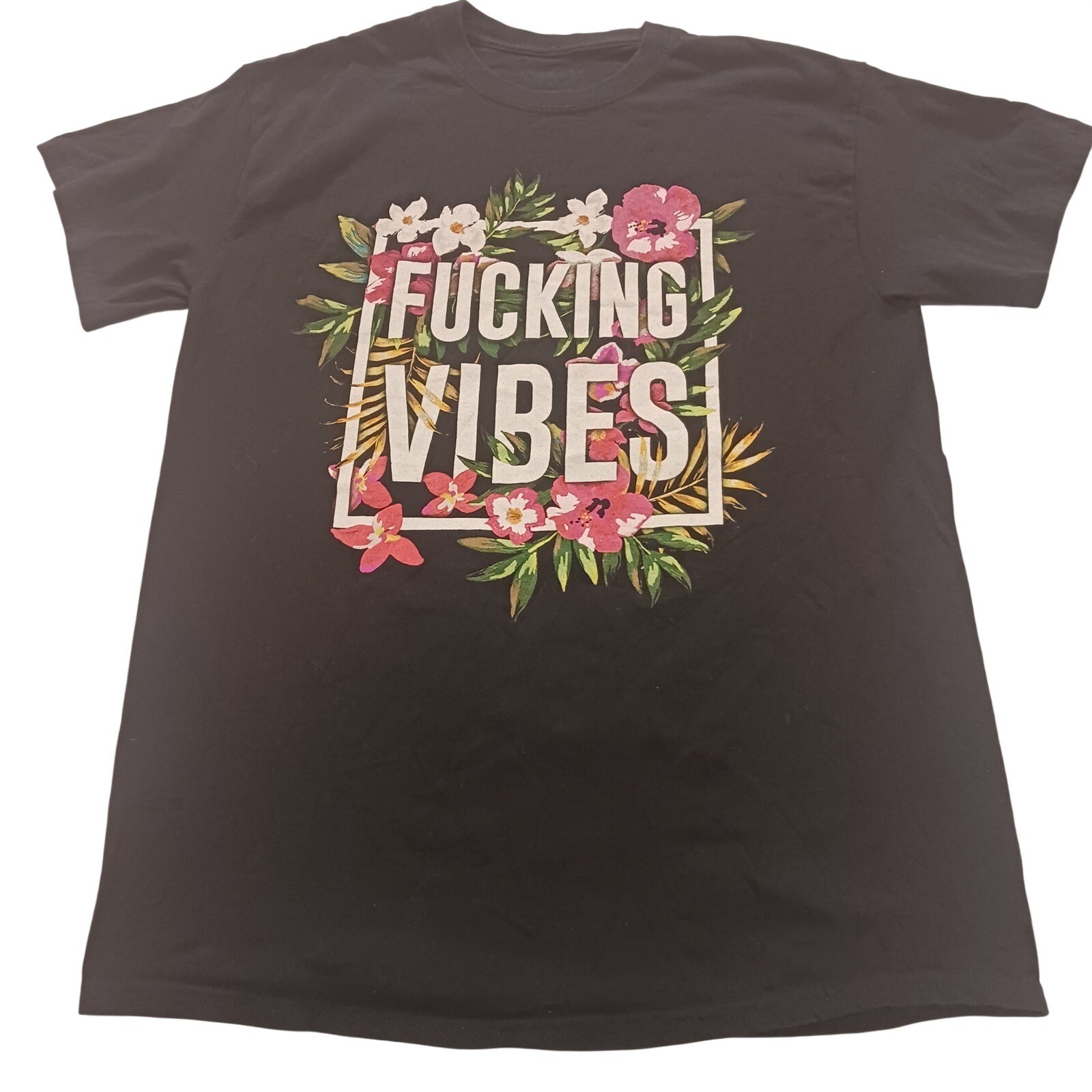 Spencers F*cking Vibes Floral Graphic T-Shirt Black Mens Medium Streetwear