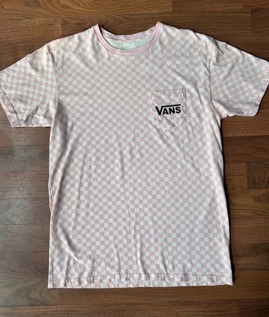 Vans Pink White Short Sleeve Crew Neck T-Shirt Size MED Checkered Check Sleeves