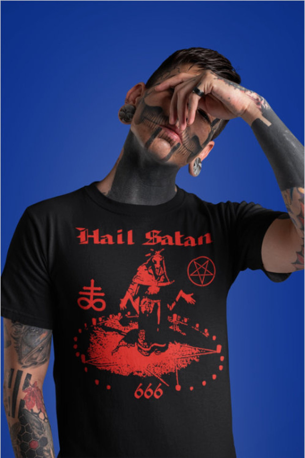 Baphomet Hail Satan T-Shirt Occult Gothic Goat Head Demon Unisex Horror Tee gallery