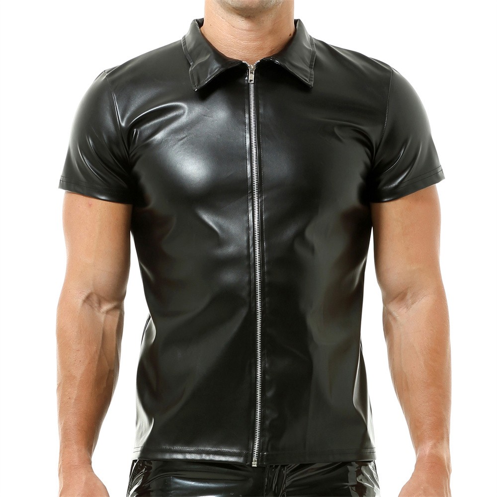 Men T-shirts Short Sleeve Shirts Zip Nightclub Stage Tops Black PU Leather Tees gallery