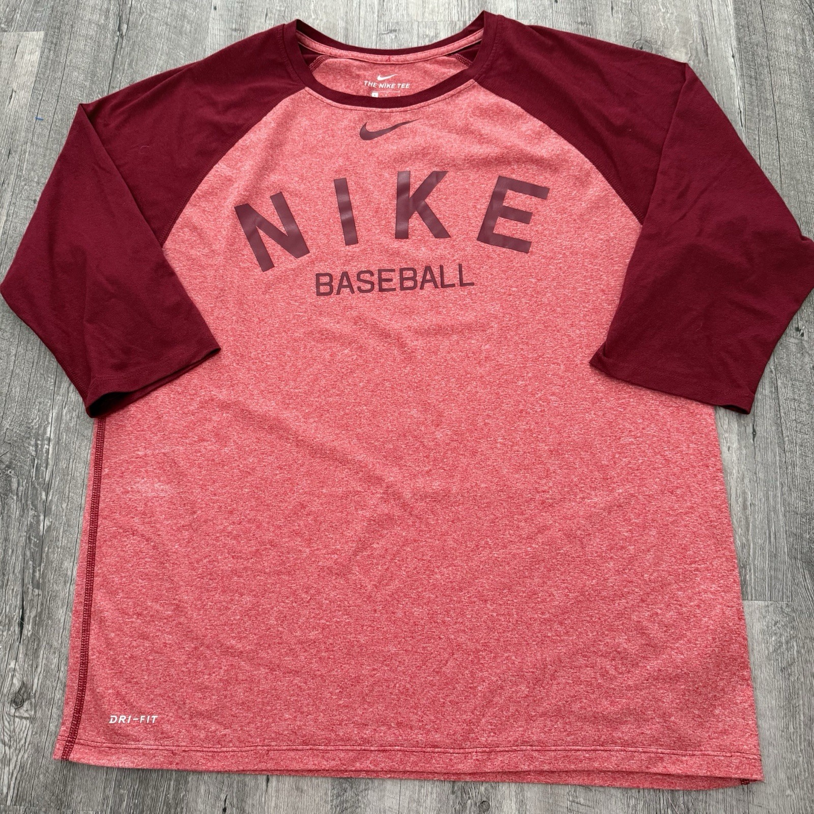 The Nike Tee Dri-Fit 3/4 Sleeve Mens Large Wine Baseball Swoosh T-Shirt gallery