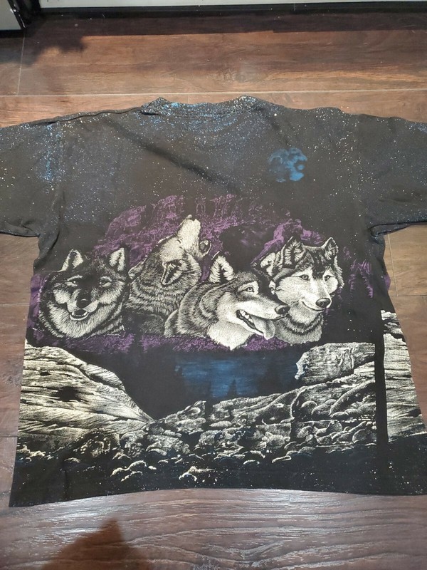 Vtg Nature Wildlife Wolves Pack Caribbean Dream All Over Print T-Shirt Large EUC