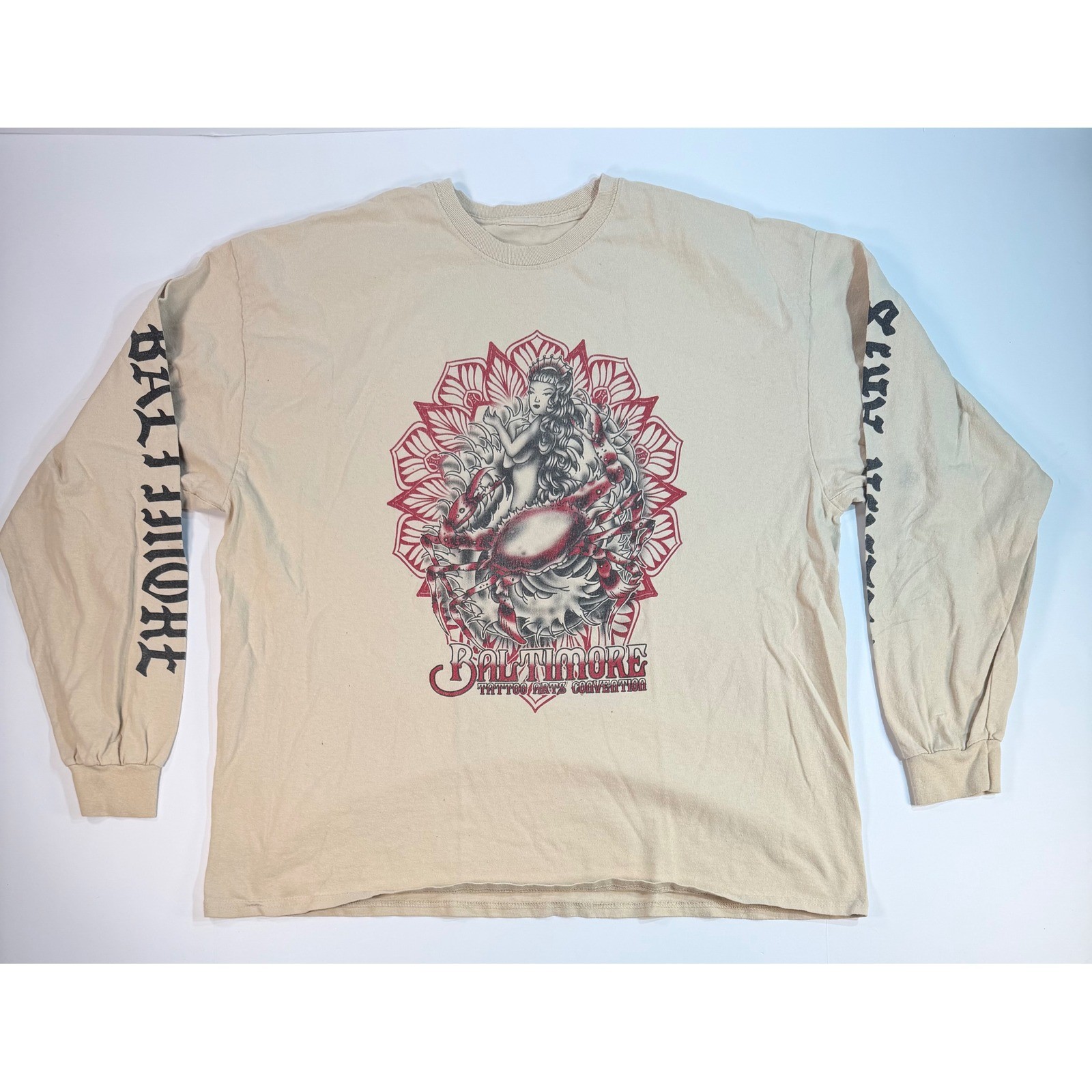 Baltimore Tattoo Arts Convention Long Sleeve Graphic Tee Tan Mermaid Crab XL gallery