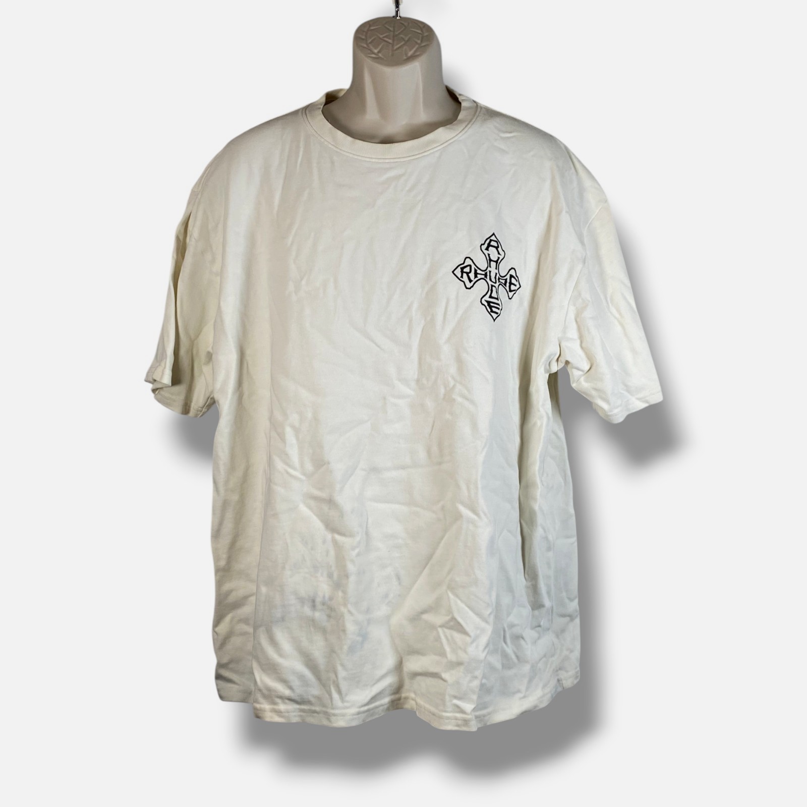 Rhude Men's White Logo Cross Crewneck Short Sleeve T-Shirt Size XL gallery
