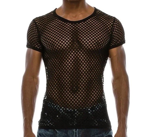 Mens Mesh Fishnet T-Shirt Sz M Black See Thru Clubwear Twink Gym Rave Hot Sexy