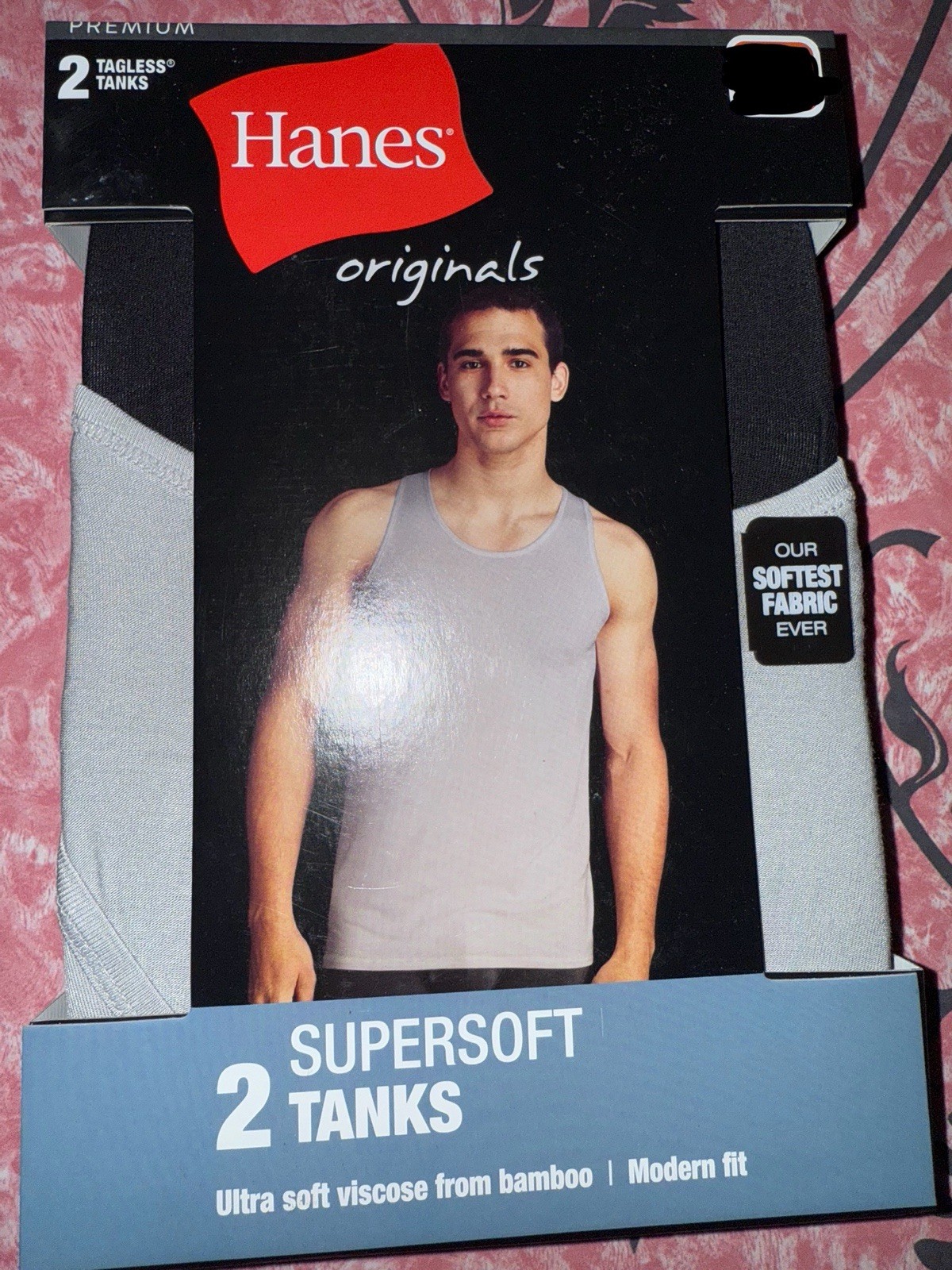 Hanes Originals ~ Mens 2-Pack Tanks A-Shirts Bamboo Viscose Blend Black Gray ~ L