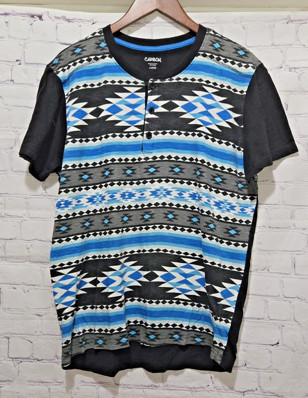 Carbon Mens Aztec Print Shirt Size L Short Sleeve Black Blue Button gallery