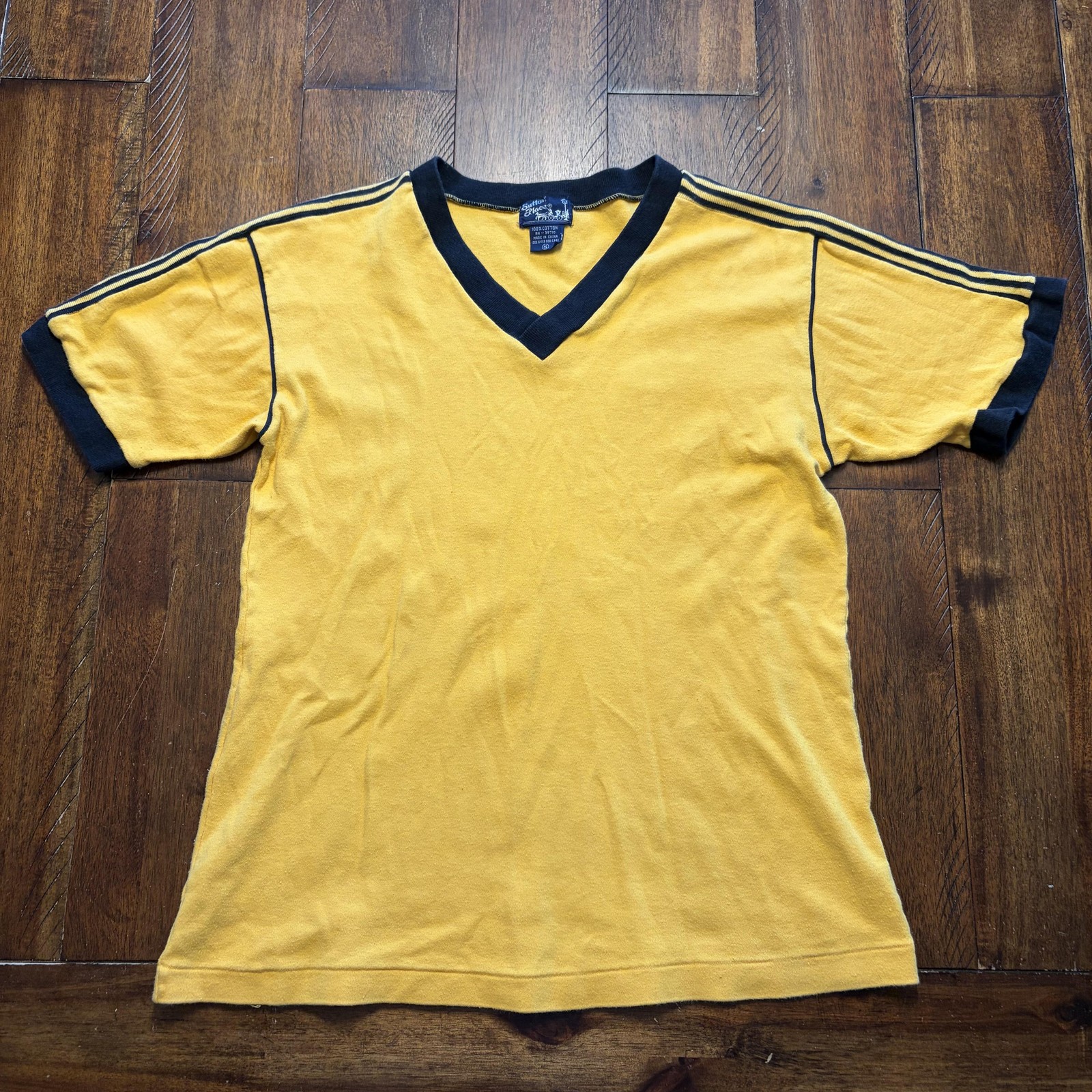 Sutton Place Shirt Mens Small Yellow Ringer Retro V Neck Stripe Trim Tee 70s gallery