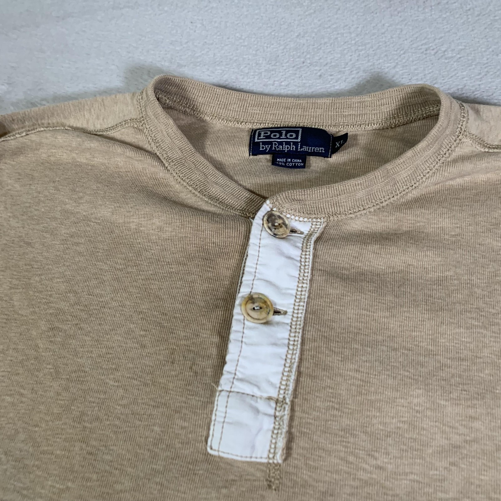 Vintage Polo Ralph Lauren Shirt Mens XL Beige Long Sleeve Henley Cotton Knit gallery