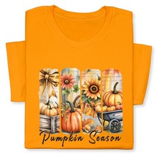Pumpkin Season Print Shirt, Fall Tee with Sunflowers & Cart