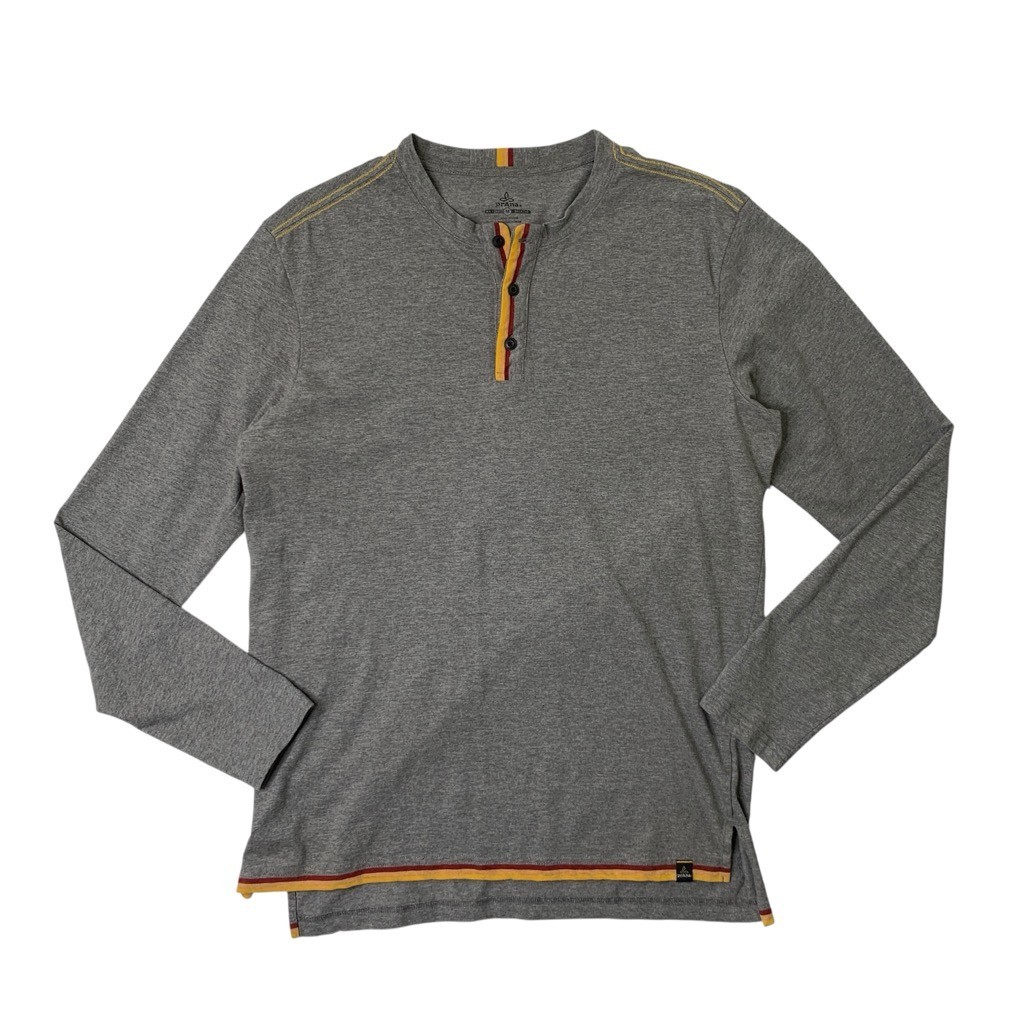 Prana Shirt Mens M Medium Grey Henley Long Sleeve High Low Hem Contrast Trim